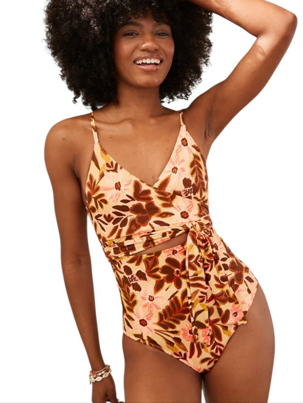 Aerie Iced Apricot Floral Wrap One Piece Full Coverage Swimsuit